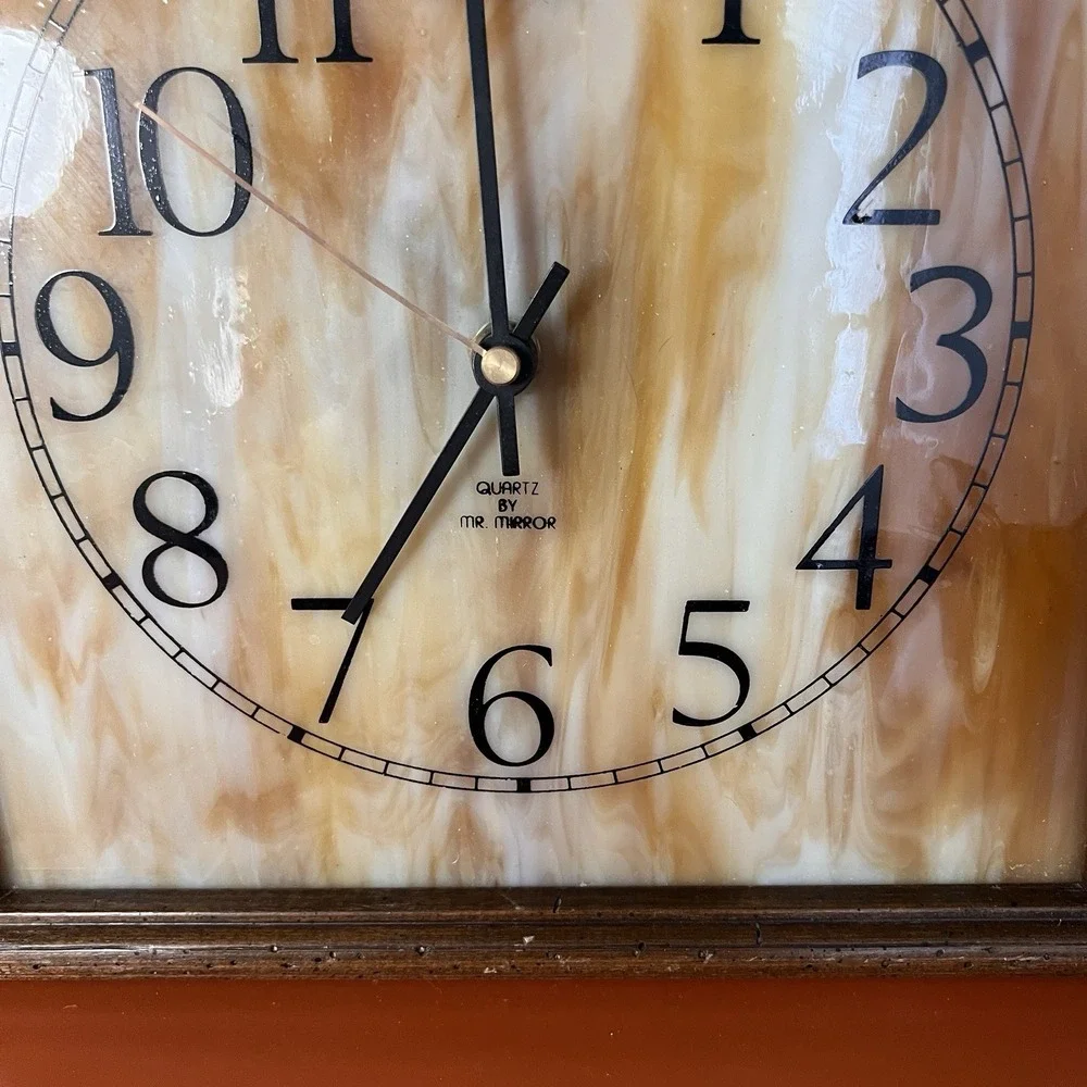 VNTG Mr. Mirror Slag Glass Mid Century‎ Square Wall Clock MCM Wood Frame Works